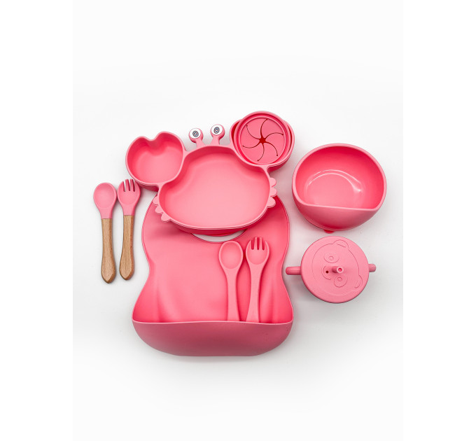Набор детской силиконовой посуды для первого прикорма на присосках 9 предметов Краб (Pink) (18975)