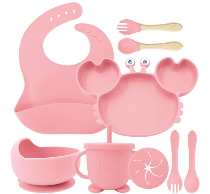 Набор детской силиконовой посуды для первого прикорма на присосках 9 предметов Краб (Pink) (18975)