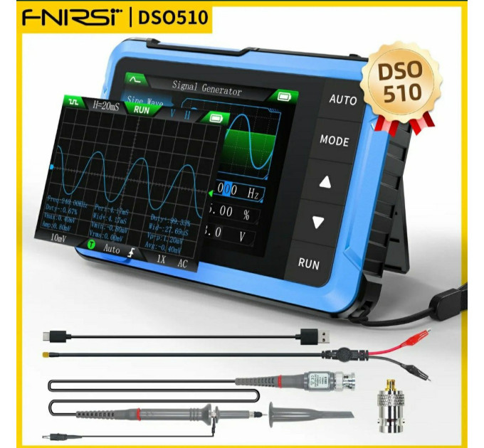 Портативный осциллограф Fnirsi DSO510 генератор сигналов,  канал10 МГц /генератор 50 кГц  /щуп P6100 (19677)