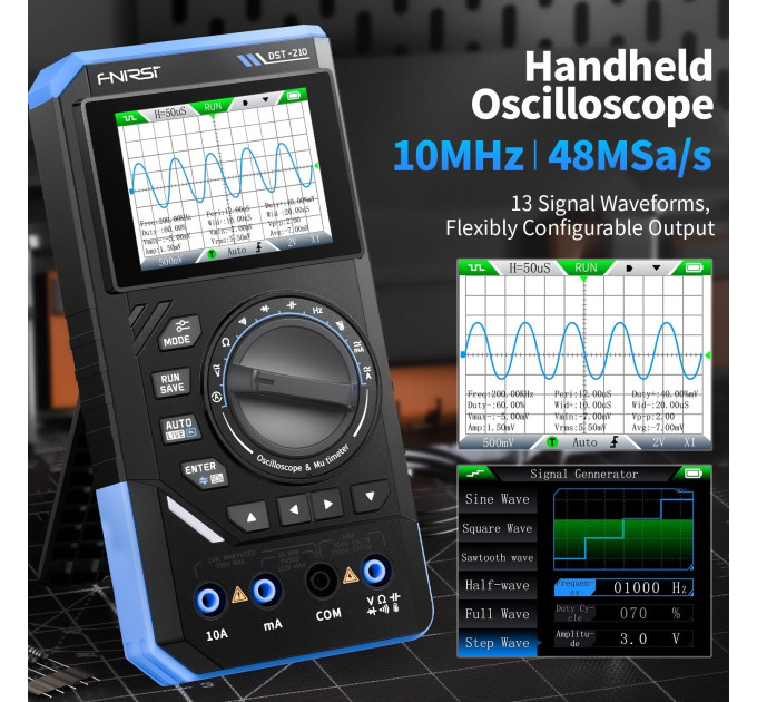 Портативный цифровой осциллограф Fnirsi DST-210 С генератором сигналов, мультиметр (19674)