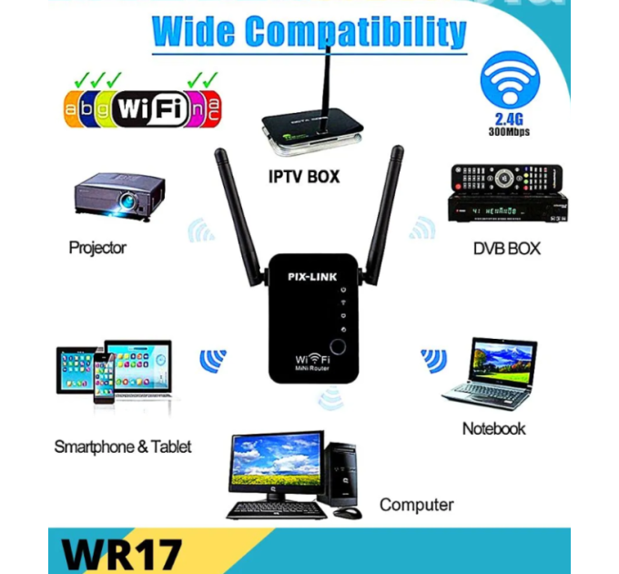 Ретранслятор Wi-Fi PIX-LINK LV-WR17 усилитель сигнала (Black) (17606)