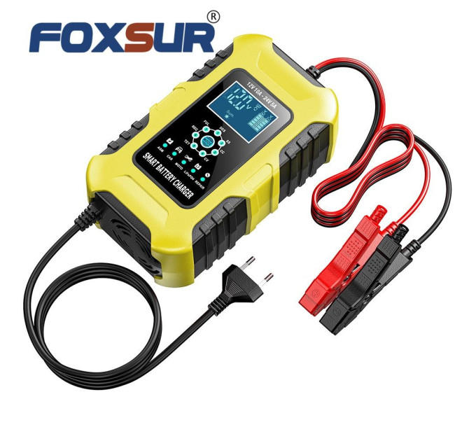 Умное зарядное устройство автомобильное Foxsur FBC122410D 12V / 10A - 24V / 5A Автоматическое импульсное с функцией восстановления (Yellow) (19437)