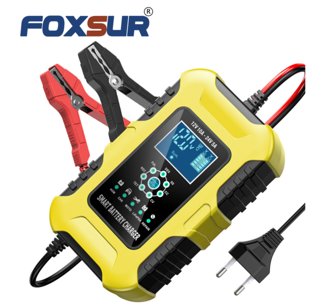 Умное зарядное устройство автомобильное Foxsur FBC122410D 12V / 10A - 24V / 5A Автоматическое импульсное с функцией восстановления (Yellow) (19437)