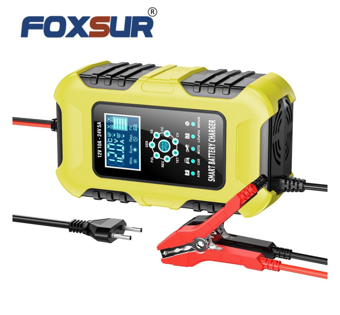 Умное зарядное устройство автомобильное Foxsur FBC122410D 12V / 10A - 24V / 5A Автоматическое импульсное с функцией восстановления (Yellow) (19437)