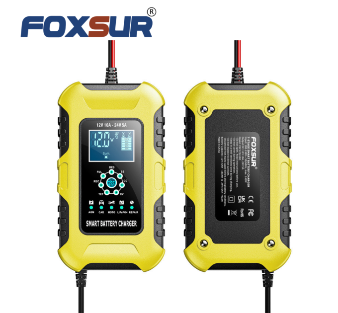 Умное зарядное устройство автомобильное Foxsur FBC122410D 12V / 10A - 24V / 5A Автоматическое импульсное с функцией восстановления (Yellow) (19437)
