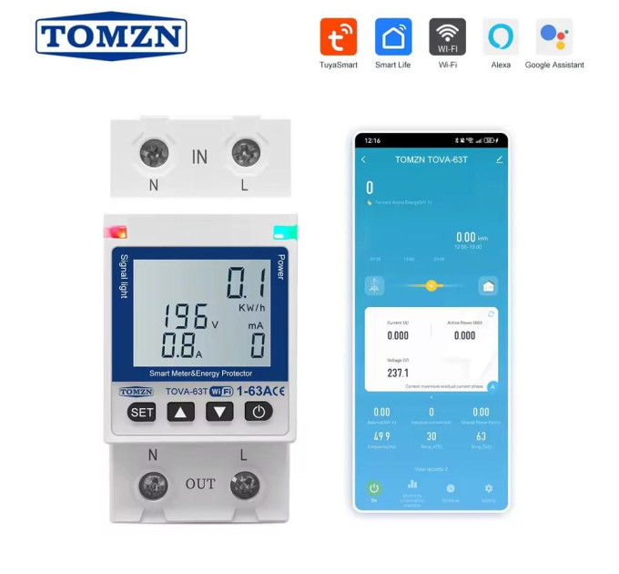 Умный автоматический выключатель Tuya Wi-Fi TOMZN TOVA-63T 110/220V 63A Цифровое реле со счетчиком белый дисплей (19642)