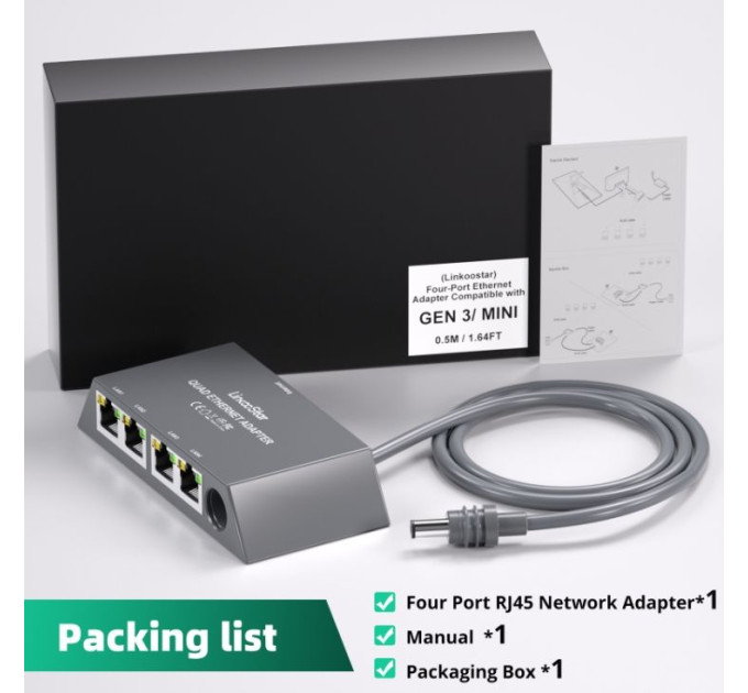 Адаптер сетевой Ethernet RZ-0198 для Starlink Mini спутниковой системы, 4-портовый гигабитный сетевой разветвитель (19400)