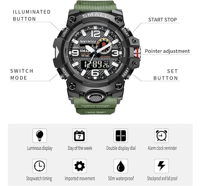 Часы наручные Smael 8035 Original с двойным дисплеем (Army Green) (17780)