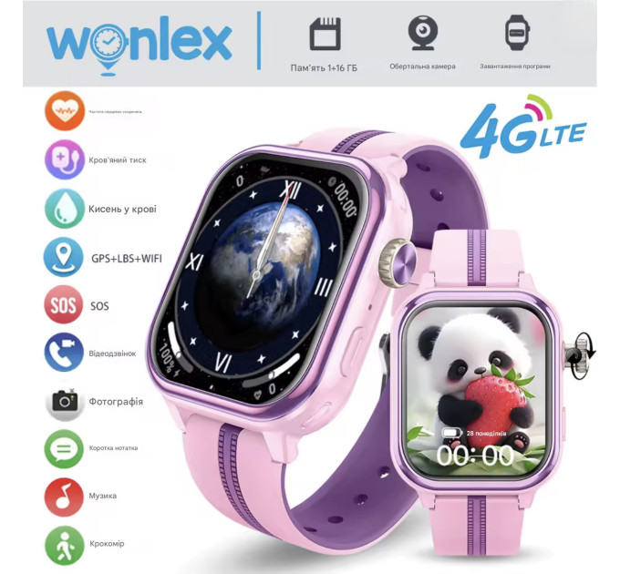 Детские смарт-часы Wonlex KT39 Original часы-телефон с видеозвонком GPS WI-FI и SIM-картой (Pink) (19137)