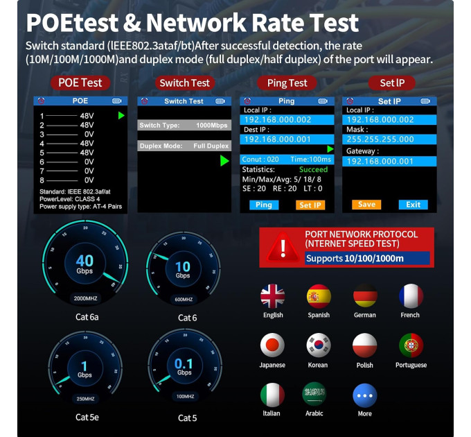 Кабельный тестер Noyafa NF-8506 CAT5/Cat5e/CAT6 типа STP/UTP тестер сетевого кабеля PoE (19694)