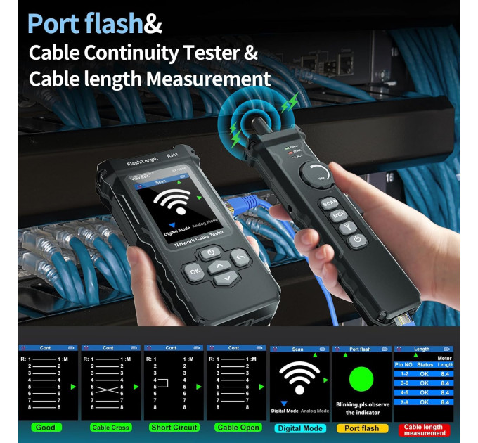 Кабельный тестер Noyafa NF-8506 CAT5/Cat5e/CAT6 типа STP/UTP тестер сетевого кабеля PoE (19694)