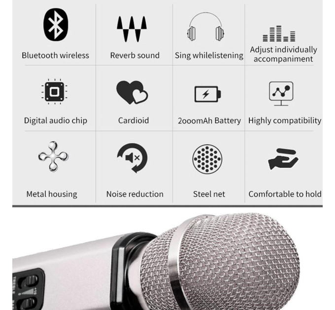 Караоке-микрофон беспроводной Losso K6 Premium со встроенным динамиком и Bluetooth (Silver) (18962)