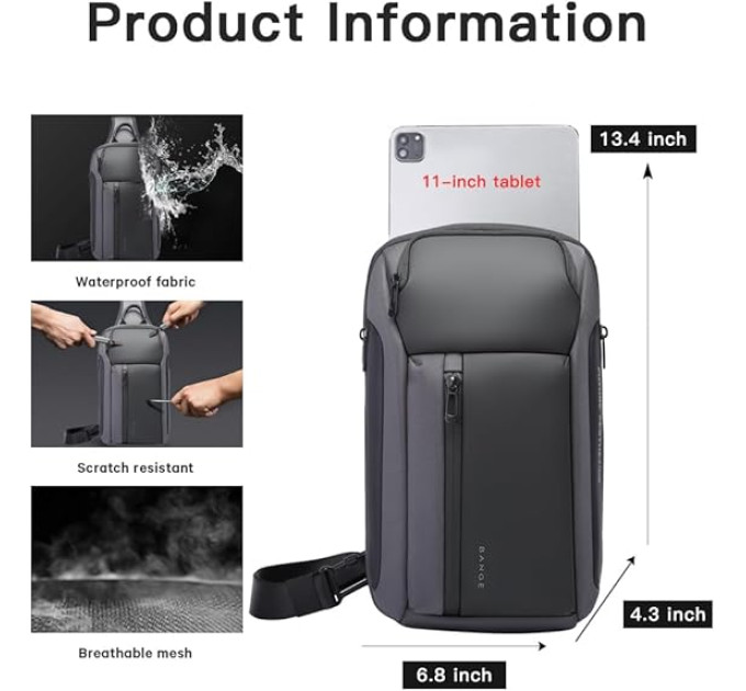 Однолямочный рюкзак через плечо Bange BG-7566 7л Сумка-слинг с USB-разъемом (Gray) (19368)
