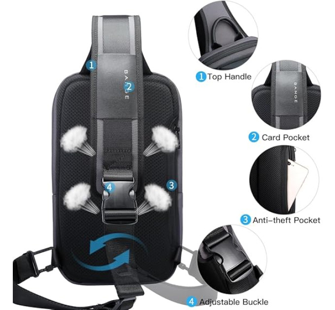 Однолямочный рюкзак через плечо Bange BG-7566 7л Сумка-слинг с USB-разъемом (Gray) (19368)