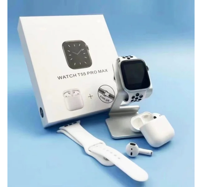 Смарт-часы T55 PRO MAX с двумя ремешками + беспроводные наушники (White) (17646)