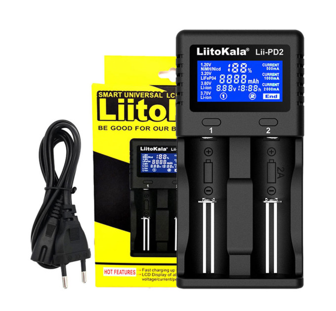 Умное зарядное устройство для аккумуляторов LiitoKala Lii-PD2 АА, ААА, 18650, 21700, 26650 Li-ion, LiFePO4, Ni-MH, Ni-Cd (19410)