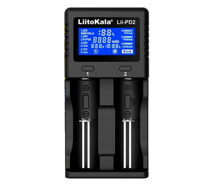 Умное зарядное устройство для аккумуляторов LiitoKala Lii-PD2 АА, ААА, 18650, 21700, 26650 Li-ion, LiFePO4, Ni-MH, Ni-Cd (19410)