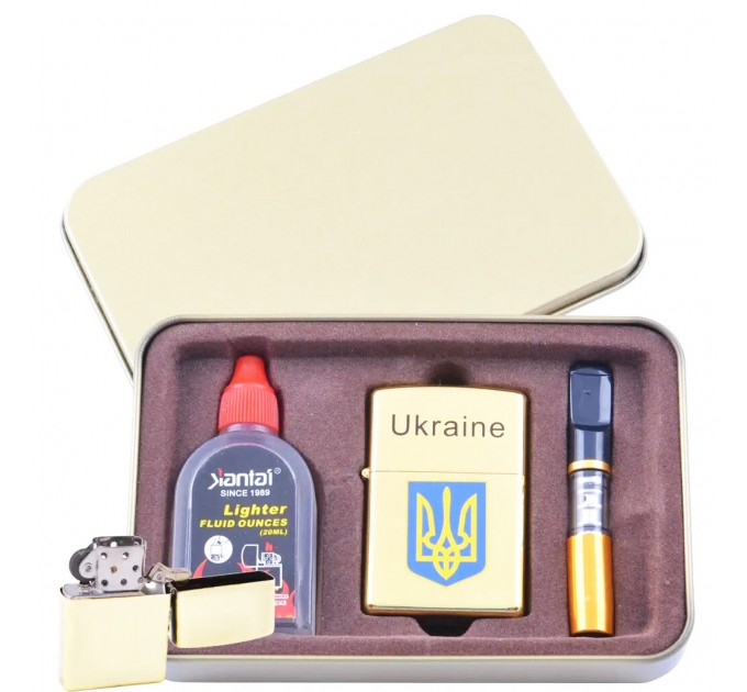 Зажигалка + бензин,мундштук в коробке Kantai XT-4930-1 Gold Герб Украины