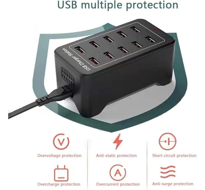 Зарядная станция многопортовая ILEPO на 10 USB портов 50 Вт / сетевое мультизарядное устройство (19011)