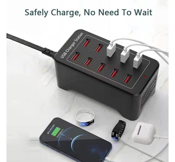 Зарядная станция многопортовая ILEPO на 10 USB портов 50 Вт / сетевое мультизарядное устройство (19011)