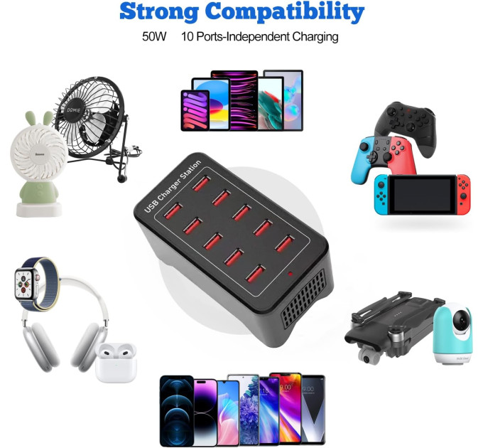 Зарядная станция многопортовая ILEPO на 10 USB портов 50 Вт / сетевое мультизарядное устройство (19011)