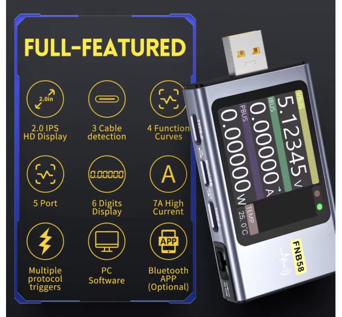 USB тестер анализатор для зарядки зарядки Fnirsi FNB58 BT Bluetooth профессиональный вольтметр, амперметр (Blue) (19170)