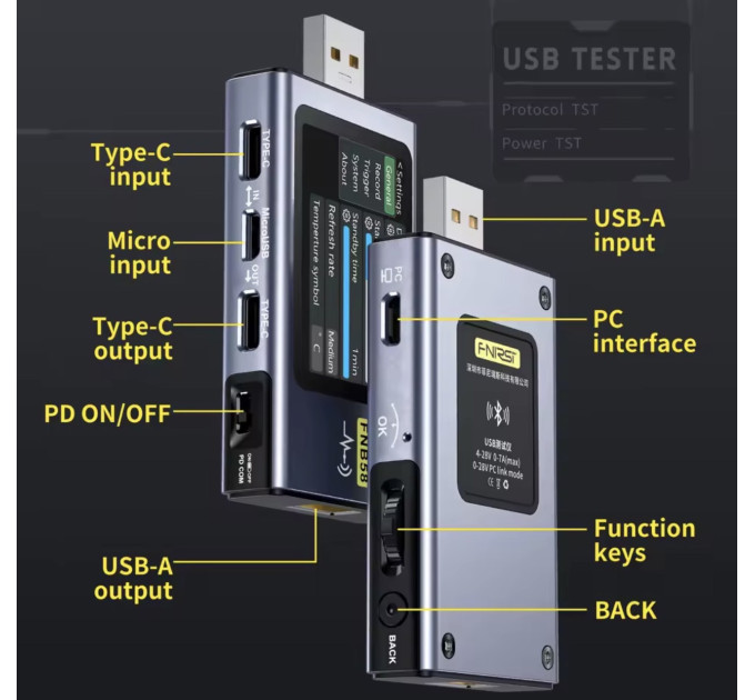 USB тестер анализатор для зарядки зарядки Fnirsi FNB58 BT Bluetooth профессиональный вольтметр, амперметр (Blue) (19170)