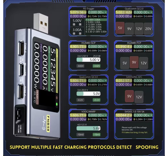 USB тестер анализатор для зарядки зарядки Fnirsi FNB58 BT Bluetooth профессиональный вольтметр, амперметр (Blue) (19170)