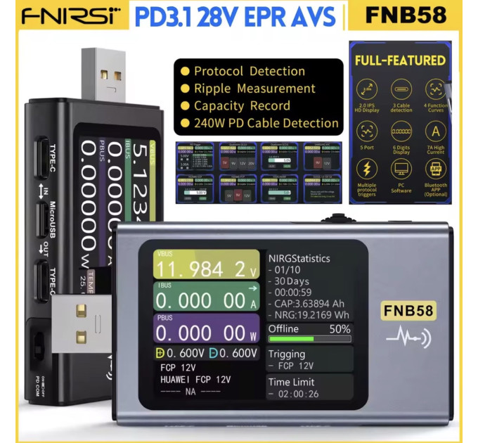 USB тестер анализатор для зарядки зарядки Fnirsi FNB58 BT Bluetooth профессиональный вольтметр, амперметр (Blue) (19170)