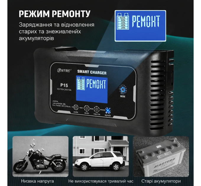 Автоматическое автомобильное зарядное устройство HTRC P15 Импульсное, функция ремонта Repair, десульфатор 12V 15A-24V 10A  LiFePO4, AGM, GEL, EFB, WET (19523)