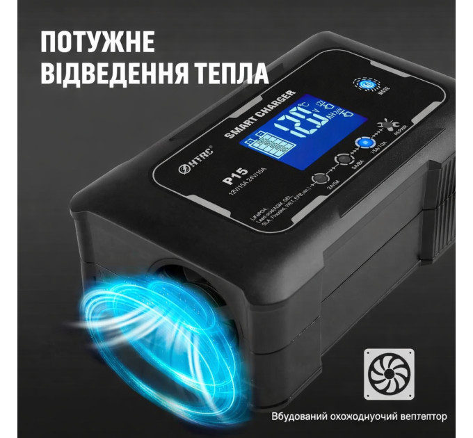 Автоматическое автомобильное зарядное устройство HTRC P15 Импульсное, функция ремонта Repair, десульфатор 12V 15A-24V 10A  LiFePO4, AGM, GEL, EFB, WET (19523)