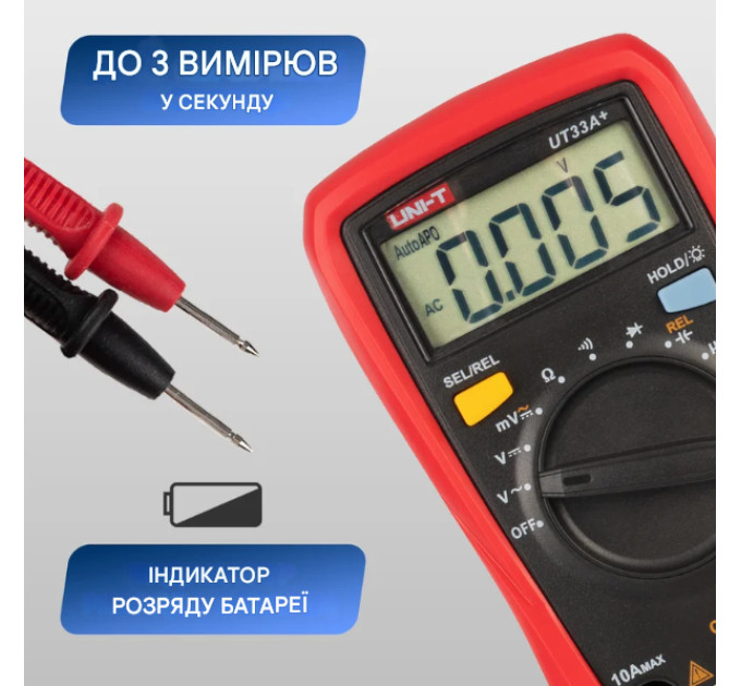 Мультиметр UNI-T UT33A+ цифровой тестер с подсветкой дисплея, измерением напряжения, тока и сопротивления (19815)