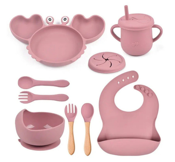 Набор детской силиконовой посуды для первого прикорма на присосках 9 предметов Краб (Red) (18978)