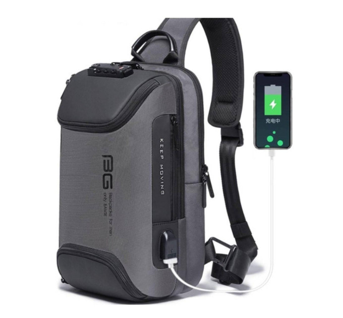 Однолямочный рюкзак через плечо Bange BG-7082 9л Сумка-слинг с USB-разъемом и замком (Gray) (19379)