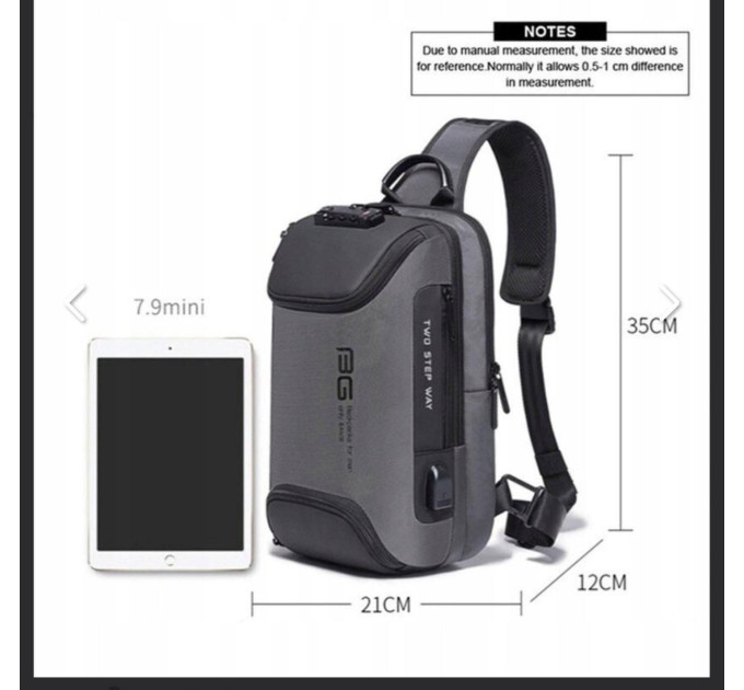 Однолямочный рюкзак через плечо Bange BG-7082 9л Сумка-слинг с USB-разъемом и замком (Gray) (19379)