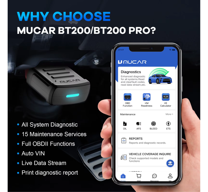 Универсальный автосканер Мультимарочный OBD2 Mucar BT200 Профессиональный диагностический сканер автомобильный ОБД2, EOBD, ELM327 (19803)
