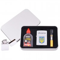 Зажигалка + бензин,мундштук в коробке Kantai XT-4927-1 Silver Герб Украины