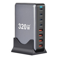 Зарядная станция многопортовая ILEPO 320W на 4 USB + 4 Type-C / сетевое мультизарядное устройство (Black)
