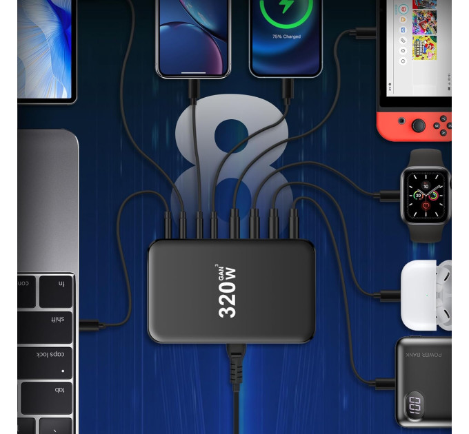 Зарядная станция многопортовая ILEPO 320W на 4 USB + 4 Type-C / сетевое мультизарядное устройство (Black) (19026)