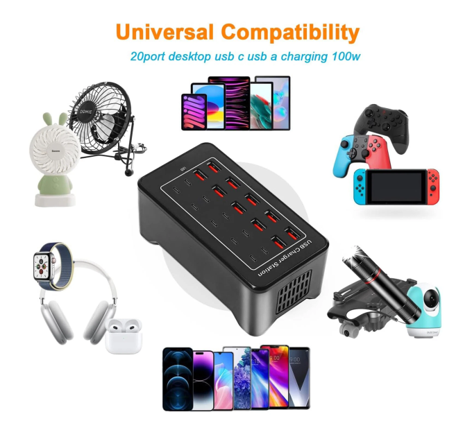 Зарядная станция многопортовая ILEPO на 10 USB портов + 10 Type-C 100 Вт / сетевое мультизарядное устройство (19017)