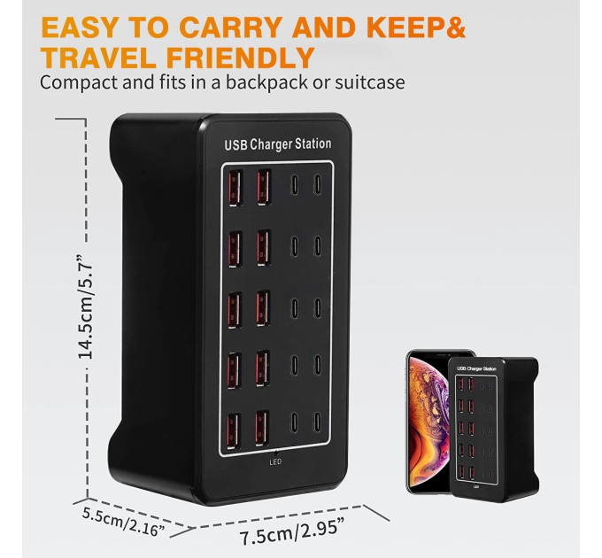 Зарядная станция многопортовая ILEPO на 10 USB портов + 10 Type-C 100 Вт / сетевое мультизарядное устройство (19017)