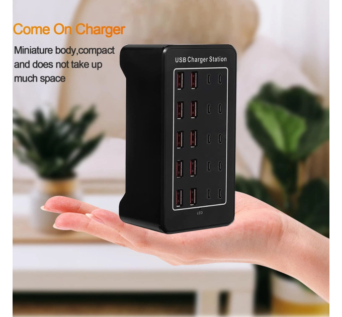 Зарядная станция многопортовая ILEPO на 10 USB портов + 10 Type-C 100 Вт / сетевое мультизарядное устройство (19017)