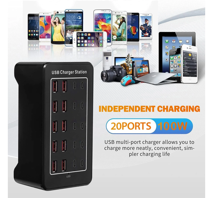 Зарядная станция многопортовая ILEPO на 10 USB портов + 10 Type-C 100 Вт / сетевое мультизарядное устройство (19017)