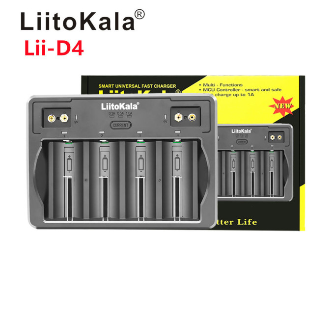 Зарядное устройство LiitoKala Lii-D4 для аккумуляторов АА, ААА, 18650, 21700, 26650, 32700 Li-ion, Ni-MH, Ni-Cd, Крона 9В (19419)