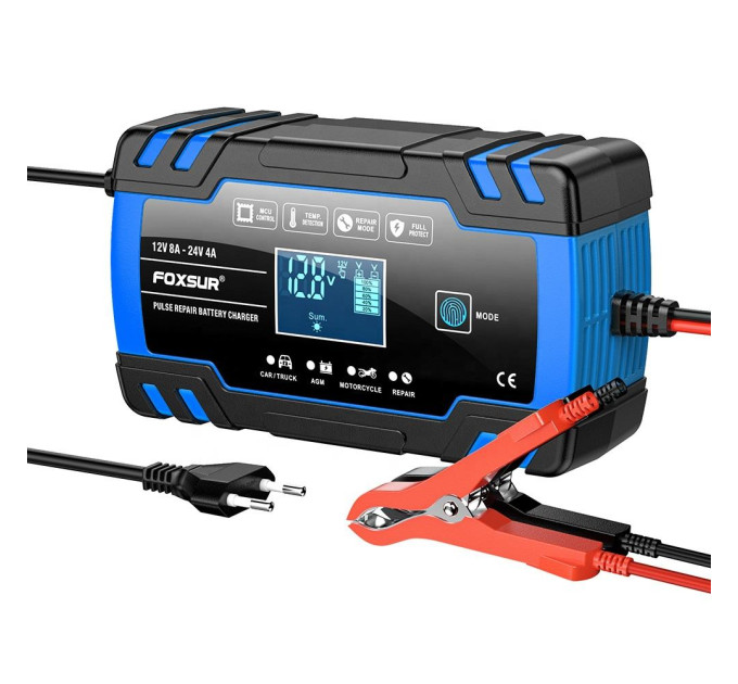 Зарядное устройство автомобильное Foxsur FBC122408D 12V 8A / 24V 4A Автоматическое импульсное с функцией восстановления (Blue) (19434)
