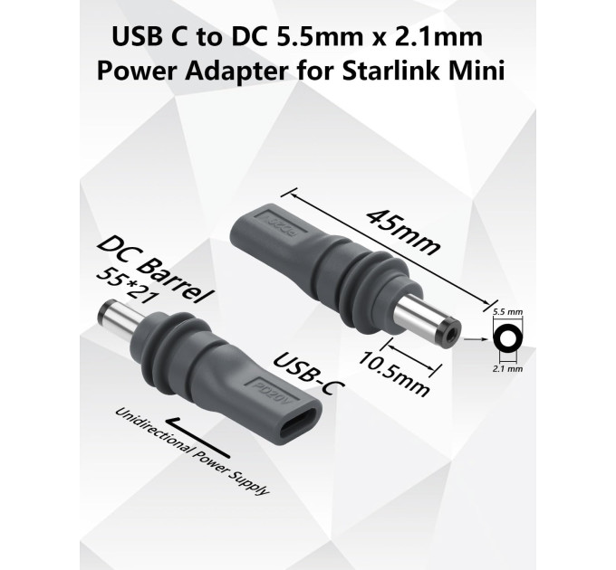 Адаптер Starlink Mini PD20V 100W Type-C to DC переходник для питания Старлинк Мини (Gray) (19883)