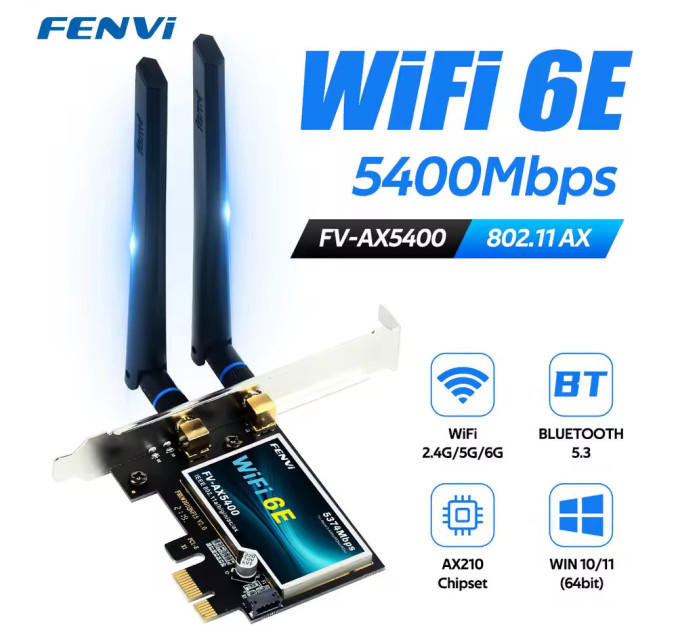 Геймерская трехдиапазонная Сетевая карта WiFi+Bluetooth 5.3 PCI-E Fenvi FV-AX5400  2.4G/5G/6Ghz 5374 Mbps + 2 Антенны (18842)