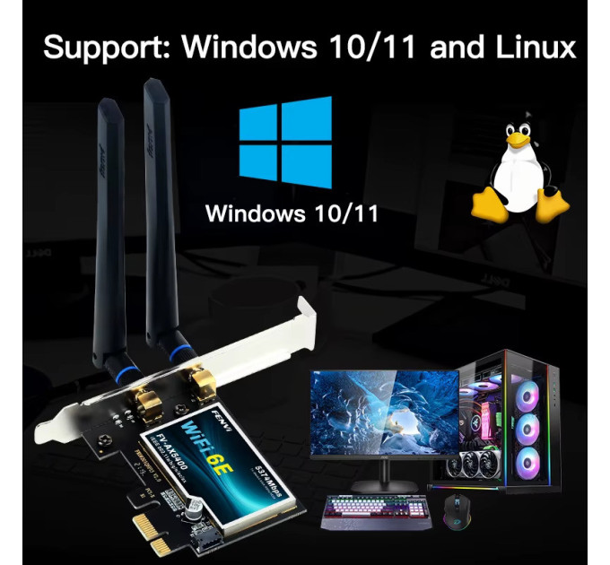 Геймерская трехдиапазонная Сетевая карта WiFi+Bluetooth 5.3 PCI-E Fenvi FV-AX5400  2.4G/5G/6Ghz 5374 Mbps + 2 Антенны (18842)