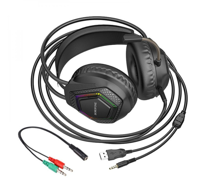 Игровые наушники проводные Borofone BO105 Геймерская гарнитура с микрофоном и RGB подсветкой (Black) (19254)