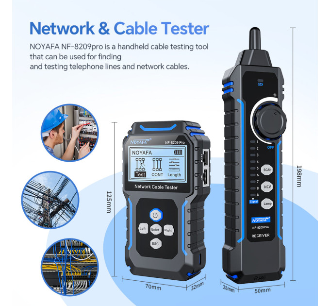 Кабельный тестер Noyafa NF-8209 pro Сетевой тестер кабеля, трассоискатель, PoE тестер, измерение длины кабеля (19405)